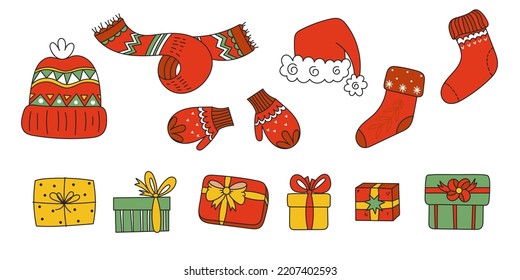 Vector set of holiday icons: hat Christmas gifts mittens socks. Winter holiday symbol collection isolated on white background.