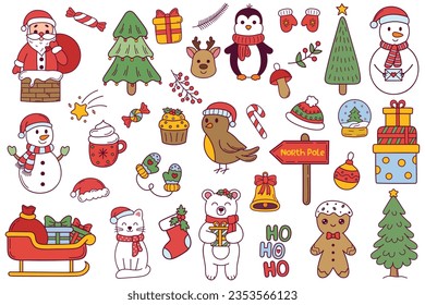 Vector set of holiday icons. Kids illustration for Christmas time. Big Christmas set of festive symbols and design elements. Cute flat illustration in hand drawn style on white background.