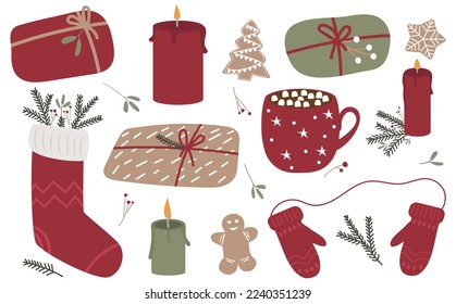 Vector set of holiday icons: mittens, Christmas ornaments, gingerbread cookies, candles, gifts. illustration for Christmas time. Scrapbook collection. Winter greeting card. 