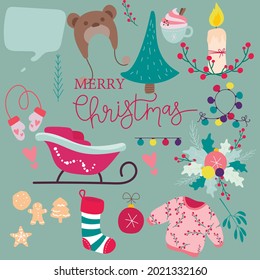 Vector set of holiday icons: socks, Christmas decorations, gingerbread, candles, gift, santa sleigh. Childrens illustrations for Christmas. Collection of notes. Winter postcard. Happy New Year.