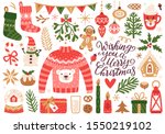 Vector set of holiday icons: sweater, Christmas ornaments, gingerbread cookies, candles, gift, snowman. Kids illustration for Christmas time. Scrapbook collection. Winter greeting card. Happy New Year.
