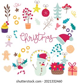 Vector set of holiday icons: sweater, Christmas ornaments, gingerbread cookies, candles, gift, snowman. Kids illustration for Christmas time. Scrapbook collection. Winter greeting card. Happy New Year