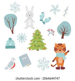 Juego vectorial de suéter de iconos de vacaciones, regalo de Navidad, Ilustración infantil para Navidad. Colección Scrapbook. Tarjeta de bienvenida de invierno. guantes, árboles, tigre, árbol, liebre, libro, copos de nieve, sombrero, ave