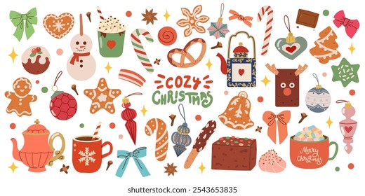 Vektor Satz von Feiertagsikonen Pullover, Weihnachtsschmuck, Lebkuchenkekse, Kerzen, Geschenk, Schneemann. Kinder-Illustration für Weihnachten. Scrapbook-Sammlung. Wintergrußkarte. Frohes neues Jahr.