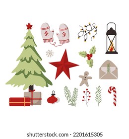 Vector set of holiday icons: tree, Christmas ornaments, gingerbread cookies, lights, gift, candy, mittens. Illustration for Christmas time. Scrapbook collection. Winter concept. Happy New Year