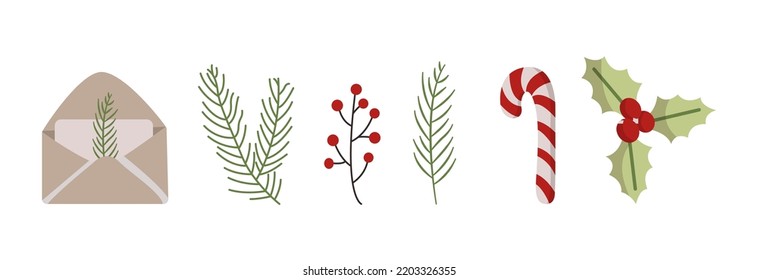 Vector set of holiday icons: tree, Christma, candy, berry, letter. Illustration for Christmas time. Scrapbook collection. Winter concept. Happy New Year