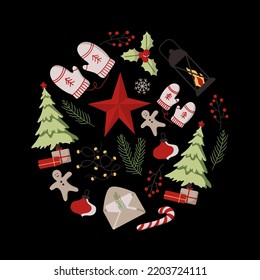 Vector set of holiday icons: tree, Christmas ornaments, gingerbread cookies, lights, gift, candy, mittens. Illustration for Christmas time. Scrapbook collection. Winter concept. Happy New Year