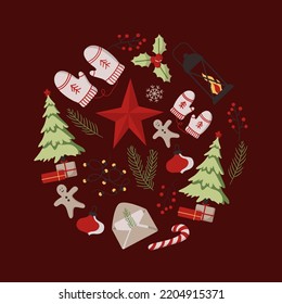 Vector set of holiday icons: tree, Christmas ornaments, gingerbread cookies, lights, gift, candy, mittens. Illustration for Christmas time. Scrapbook collection. Winter concept. Happy New Year