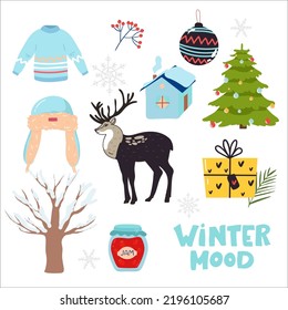 Vector set of holiday iconsgift, deer, sweater, hat, tree, house, gift, tree, jam. Kids illustration for Christmas time. Scrapbook collection. Winter greeting card. Happy New Year.