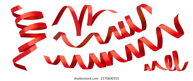 Vector set of holiday illustration of romantic curled red ribbon isolated on white color background. Creative realistic style design of curled red ribbon for greeting card, banner, poster