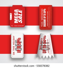 Vector set of holiday red and white sale banners different shape on the red paper stripe.