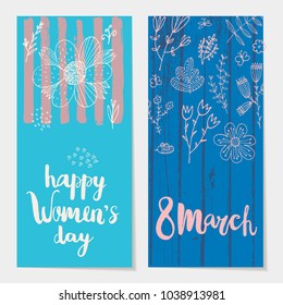 Vector set of holiday spring vertical cards, banners with brush pen lettering and doodle flowers.  Happy women's day, 8 march