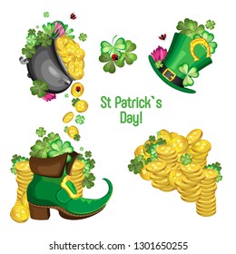 Vector set for the holiday St. Patrick's Day. Attributes of the holiday: gold coins, clover and hat with Leprechaun's boot. Transparent background