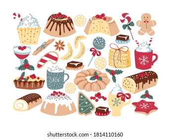 Vector set of holiday sweets. Set of lollipops, rolls, cupcakes, sweet drinks, cookies, cinnamon, anise, chocolates, gingerbread, jelly