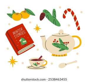 Conjunto de Vector de té de vacaciones. Acogedora tetera, taza y libro. Navidades de comida. Ilustración para niños. Ilustración plana aislada sobre fondo blanco.