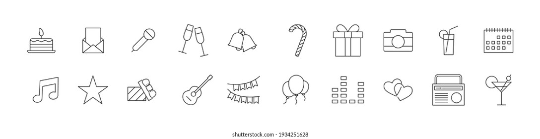 Vector set of holiday thin line icons. Design of 20 stroke pictograms. Holiday signs isolated on a white background.