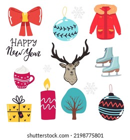 Vector set of holiday tree, car, gifts, deer, jacket, skates, cup of cream, mittens, hat. Kids illustration for Christmas time. Scrapbook collection. Winter greeting card. Happy New Year.