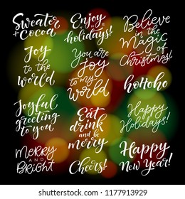 Vector set of holidays calligraphy. Merry Christmas and Happy New Year collection of lettering phrases for photo overlays, for t-shirts, mugs, bags, labels, gift tags. Social media content for blogs