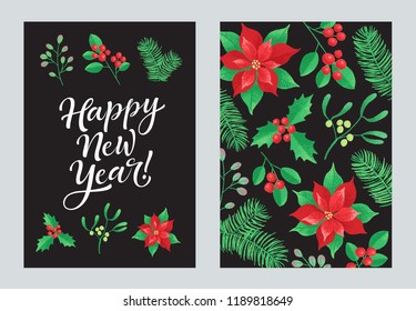 Vector set of holidays design. Merry Christmas calligraphy and floral elements for invitation and greeting card, prints and posters. Hand drawn lettering, winter plants