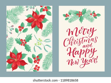 Vector set of holidays design. Merry Christmas calligraphy and floral elements for invitation and greeting card, prints and posters. Hand drawn lettering, winter plants