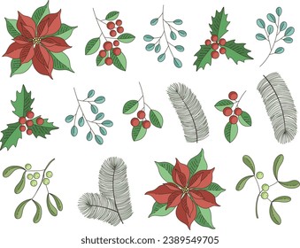 Vector set of holidays graphic elements. Merry Christmas floral design for invitation and greeting card, prints and posters.  Hand drawn winter plants