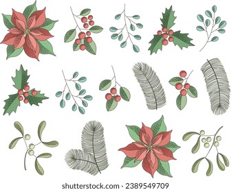 Vector set of holidays graphic elements. Merry Christmas floral design for invitation and greeting card, prints and posters.  Hand drawn winter plants