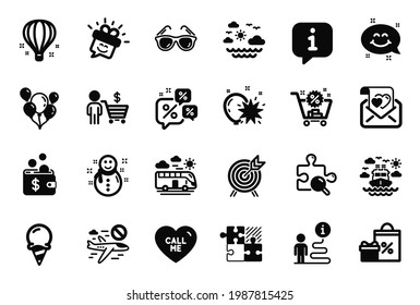 Vector Set of Holidays icons related to Ice cream, Call me and Smile chat icons. Buyer, Shopping and Balloon dart signs. Air balloon, Balloons and Archery. Love letter, Search puzzle. Vector