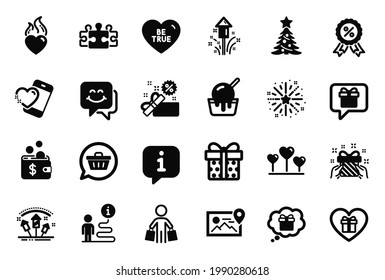Vector Set of Holidays icons related to Fireworks explosion, Be true and Fireworks icons. Gift dream, Romantic gift and Wish list signs. Love heart, Discount medal and Heart. Smile face. Vector