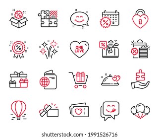 Vector Set of Holidays icons related to Calendar discounts, Yummy smile and Travel loan icons. Shopping bags, Surprise boxes and Love lock signs. One love, Discount and Shopping cart. Sale. Vector