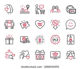 Vector Set of Holidays icons related to Roller coaster, Fireworks explosion and Gift box icons. Only you, Discount and Piggy sale signs. Search puzzle, Love couple and Wedding glasses. Vector