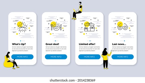 Vector Set of Holidays icons related to Surprise boxes, New star and Romantic dinner icons. UI phone app screens with people. Love glasses line symbols. Holiday gifts, Shopping, Love food. Vector