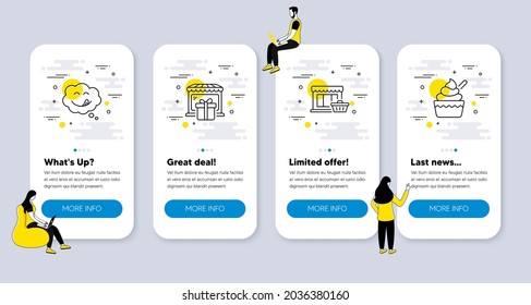 Vector Set of Holidays icons related to Yummy smile, Gift shop and Marketplace icons. UI phone app screens with people. Ice cream line symbols. Comic chat, Souvenirs store, Shopping store. Vector