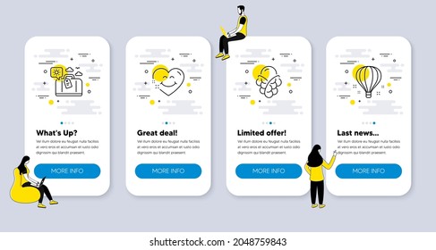 Vector Set of Holidays icons related to Ice cream, Smile face and Travel luggage icons. UI phone app screens with people. Air balloon line symbols. Bubble waffle, Love heart, Trip bag. Vector