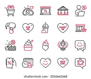 Vector Set of Holidays icons related to Sale, Carousels and Online discounts icons. Market, Ice cream milkshake and Ask me signs. Elephant on ball, Puzzle time and Ice cream. Coffee, Clown. Vector