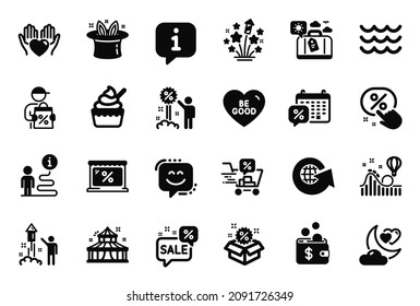 Vector Set of Holidays icons related to Hat-trick, Delivery discount and Discounts cart icons. Fireworks stars, Discount and Hold heart signs. Discounts bubble, Smile face and Travel luggage. Vector