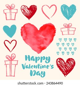 Vector set of holidays illustration. "Happy Valentine's Day" calligraphic design. Watercolor and graphic elements for invitation or greeting card
