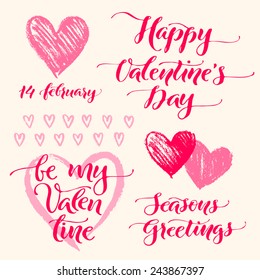 Vector set of holidays illustration. "Happy Valentine's Day" calligraphic design. Graphic elements for invitation or greeting card