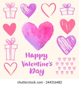 Vector set of holidays illustration. "Happy Valentine's Day" calligraphic design. Watercolor and graphic elements for invitation or greeting card