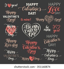 Vector set of holidays illustration. "Happy Valentine's Day" calligraphic design. Graphic elements for invitation or greeting card. Hand-painted brush textures