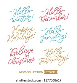 Vector set of holidays lettering. Christmas, New Year and winter collection for calligraphic invitation and greeting card, prints and posters. Hand drawn calligraphy