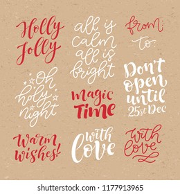 Vector set of holidays lettering. Christmas, New Year and winter collection for calligraphic invitation and greeting card, tags and labels of presents. Hand drawn inscriptions, design elements