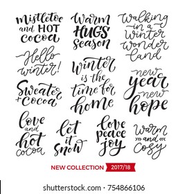 Vector set of holidays lettering. Christmas, New Year and winter collection for calligraphic invitation and greeting card, prints and posters. Hand drawn typographic inscription, calligraphic design