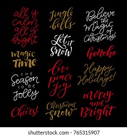 Vector set of holidays lettering. Christmas, New Year and winter collection for calligraphic invitation and greeting card, prints and posters. Hand drawn typographic inscription, calligraphic design