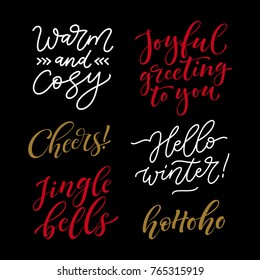 Vector set of holidays lettering. Christmas, New Year and winter collection for calligraphic invitation and greeting card, prints and posters. Hand drawn typographic inscription, calligraphic design