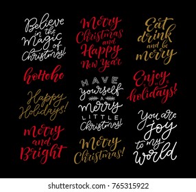 Vector set of holidays lettering. Christmas, New Year and winter collection for calligraphic invitation and greeting card, prints and posters. Hand drawn typographic inscription, calligraphic design