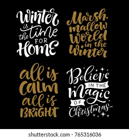 Vector set of holidays lettering. Christmas, New Year and winter collection for calligraphic invitation and greeting card, prints and posters. Hand drawn typographic inscription, calligraphic design