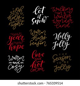 Vector set of holidays lettering. Christmas, New Year and winter collection for calligraphic invitation and greeting card, prints and posters. Hand drawn typographic inscription, calligraphic design