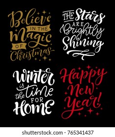 Vector set of holidays lettering. Christmas, New Year and winter collection for calligraphic invitation and greeting card, prints and posters. Hand drawn typographic inscription, calligraphic design