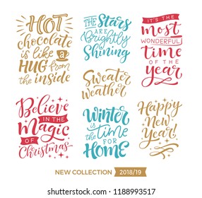 Vector set of holidays lettering. Merry Christmas and Happy New Year collection for invitation and greeting card, prints and posters, labels and tags. Hand drawn calligraphy