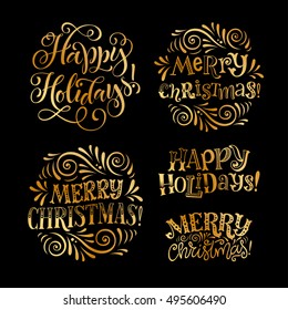 Vector set of holidays lettering. Merry Christmas and Happy New Year calligraphy for invitation, greeting card, prints and posters. Hand drawn typographic inscriptions. Golden text on black background